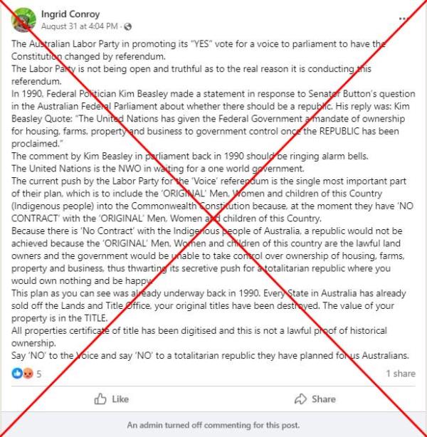 Screenshot of the false post, taken September 22, 2023