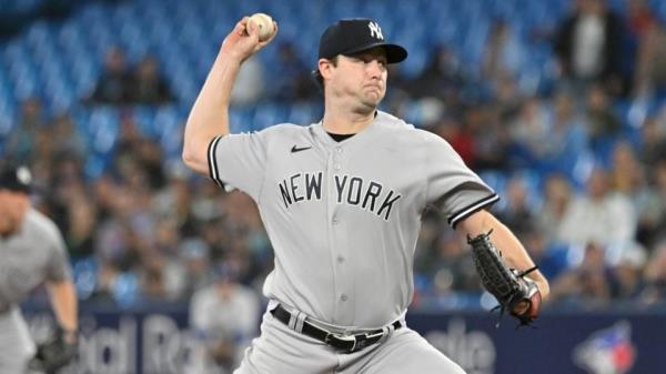 Sep 27, 2023; Toronto, Ontario, CAN; New York Yankee starting pitcher Gerrit Cole (45) delivers a pitch against the Toro<em></em>nto Blue Jays in the first inning at Rogers Centre.