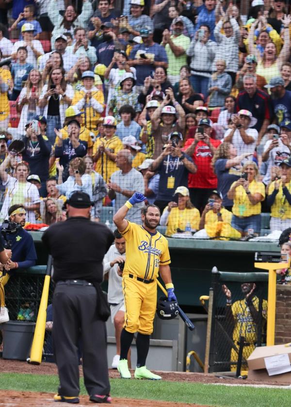 Red Sox great Johnny Damon went to bat as the Savannah Bananas visited Campanelli Stadium in Brockton on Wednesday, August 16, 2023.