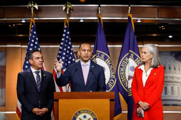 House Minority Leader Hakeem Jeffries, D-N.Y., speaks at a news conference at the U.S. Capitol Building following passage in the House of a 45-day continuing resolution on September 30, 2023 in Washington, DC. Jeffries was joined by U.S. House Minority Whip Katherine Clark, D-Mass., and Chair of the House Democratic Caucus Rep. Pete Aguilar, D-Calif.