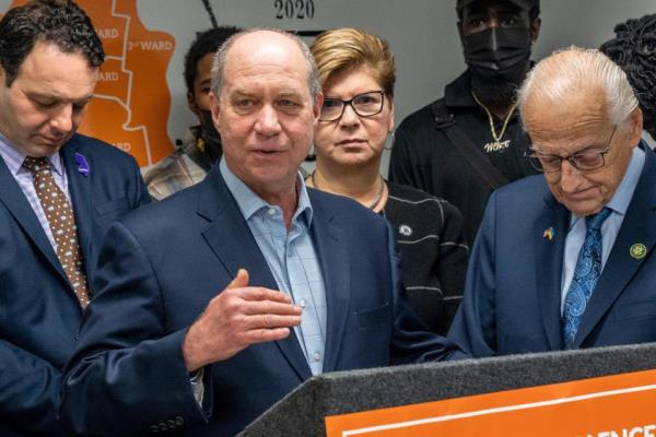 Kevin Slavin, the President and CEO of St. Joseph?s Health, speaks at the Reimagining Justice and Paterson Healing Collective office in Paterson, NJ on Thursday, Jan 19, 2023. 