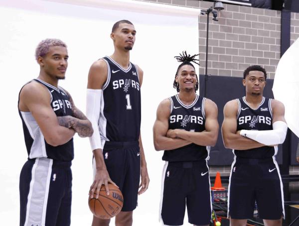 Jeremy Sochan, Victor Wembanyama, Devin Vassell and Keldon Johnson (left to right) are the core of San Antonio's future championship hopes. (Ronald Cortes/Getty Images)
