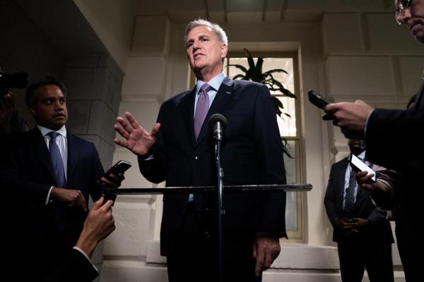 US House Speaker Kevin McCarthy, a Republican from California, at the US Capitol in Washington, DC, US, on Tuesday, Oct. 3, 2023. Republican Matt Gaetz officially moved to topple House Speaker Kevin McCarthy on Monday evening, teeing up a high-stakes vote likely to dramatically shift the balance of power in Washington whatever the outcome. Photographer: Nathan Howard/Bloomberg