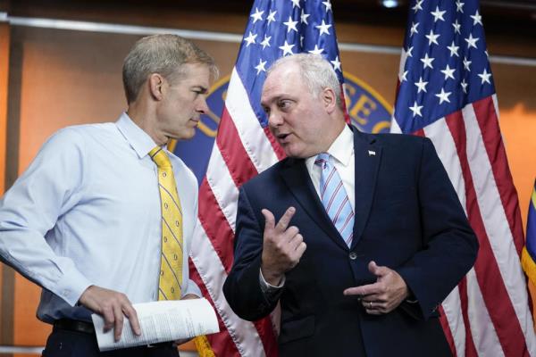 Reps. Jim Jordan and Steve Scalise co<em></em>nfer during a news co<em></em>nference at the Capitol in Washington, D.C., June 8, 2022. (J. Scott Applewhite/AP)