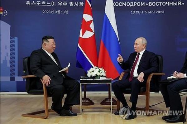 This file image, captured from footage of North Korea's state-run Korean Central Television on Sept. 14, 2023, shows the North's leader Kim Jong-un (L) and Russian President Vladimir Putin holding a summit at Russia's Vostochny spaceport the previous day. (For Use o<em></em>nly in the Republic of Korea. No Redistribution) (Yonhap)